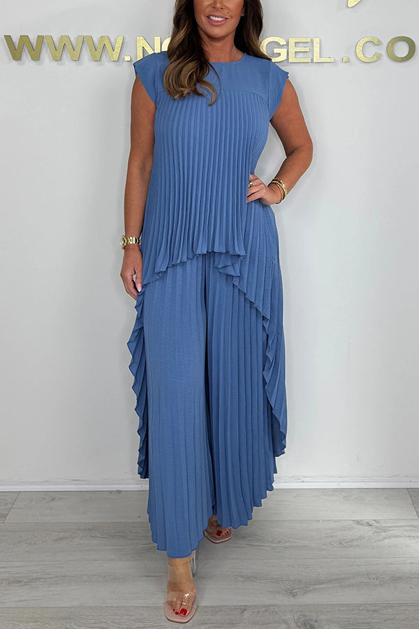 ✨60% Rabatt🌸Laney Set aus plissiertem, kurzärmligem, unregelmäßigem Midi-Top und Hose mit weitem Bein und elastischer Taille