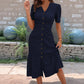 🌞💃Vestido midi para mulher com decote em V e manga curta com botões