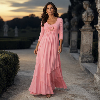 Best seller🏆👗 Vestido midi com folhos e detalhe de coração – Corte em A que realça a silhueta e tecido leve, perfeito para viagens ou encontros.