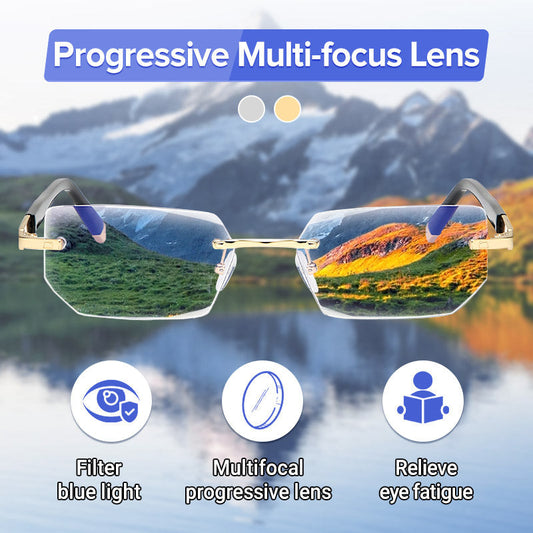 🔥Venda direta🔥Lentes de safira de alta dureza com tratamento anti-azul progressivo para visão de longe e de perto Óculos de leitura de dupla utilização
