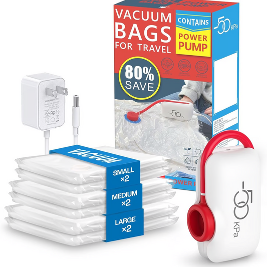 🧳 Oferta Imperdível: 50% de Desconto! ⚡ Kit com 6 Sacos de Compressão para Aspirador Elétrico USB – Economia de Espaço, Vedação Hermética, Reutilizáveis e Duráveis 🌀