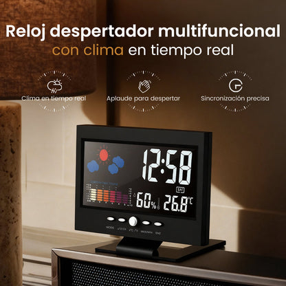 Despertador de mesa LED digital com monitor de temperatura e humidade e previsão meteorológica.