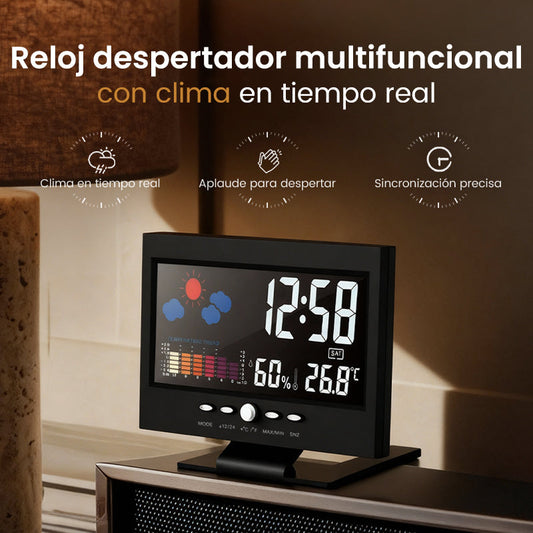 Despertador de mesa LED digital com monitor de temperatura e humidade e previsão meteorológica.