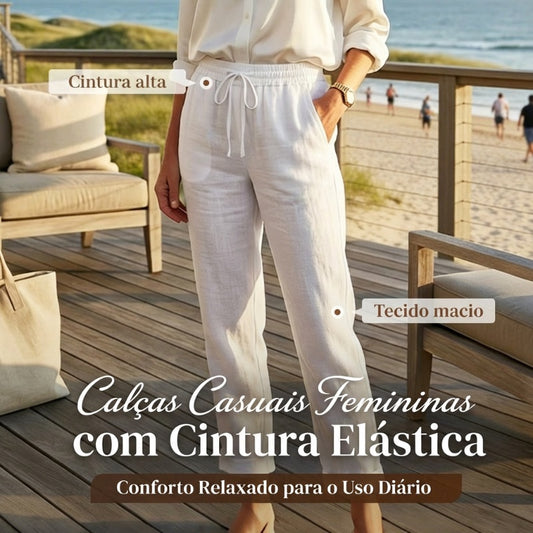 Calças de ganga com cintura elástica e perna larga, em algodão e linho, para mulher