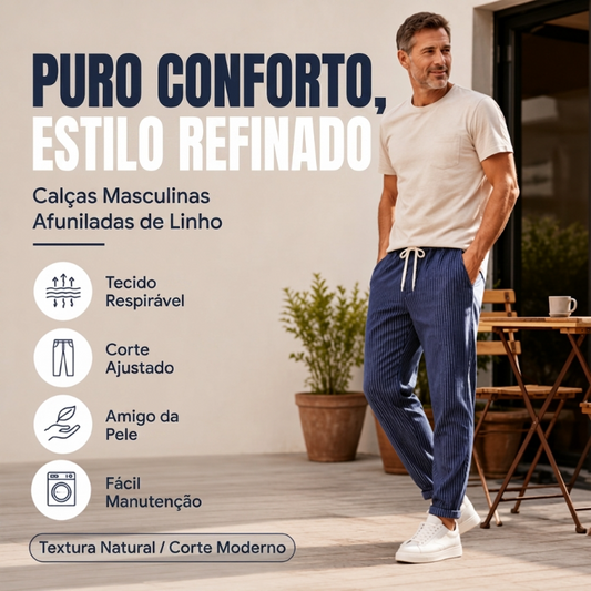 👖 50% DESCONTO AGORA! 🌿 Calças de linho para homem – Riscas e cropped – Cintura elástica e cordão – Calças de verão respiráveis🏖️