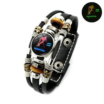 ⭐ 50% DESCONTO AGORA! 🐾 Pulseira em pele com signos do zodíaco que brilha no escuro – Brilha à noite, ajustável e unissexo – Perfeita para os amantes do zodíaco e para usar no dia a dia ✨
