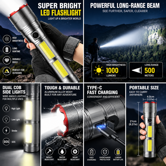 🔦50% DESCONTO AGORA! Lanterna portátil, potente e de longo alcance – Lanterna LED recarregável via USB com luz lateral COB; dispositivo à prova de água, ideal para campismo, trilhos e situações de emergência.
