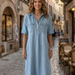 👗 50% DESCONTO AGORA! 👖 Vestido Camisa Casual Midi Jeans com Bolsos – Denim macio e corte largo – Bolsos funcionais, perfeito para o dia a dia casual – confortável e versátil ✨🌸