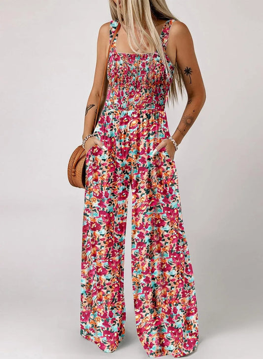 Oferta por tempo limitado – Macacão sem mangas com padrão floral para mulher – Decote franzido e pernas largas: elegância de verão 👒🏖️