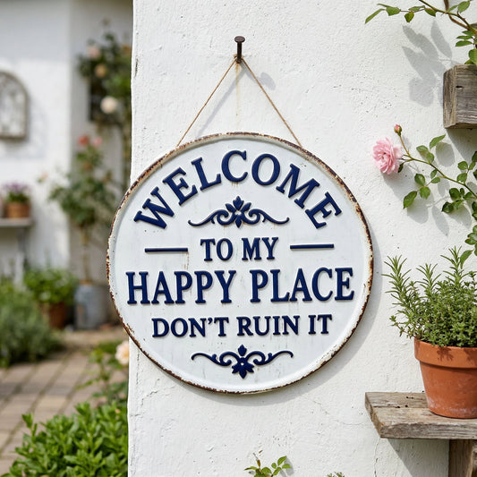 🏡🔥🔥COMPRE 3 E GANHE 1 GRÁTIS⏰Placa redonda vintage em metal – «Bem-vindo ao meu lugar feliz, não o estragues» – Decoração de parede para jardim
