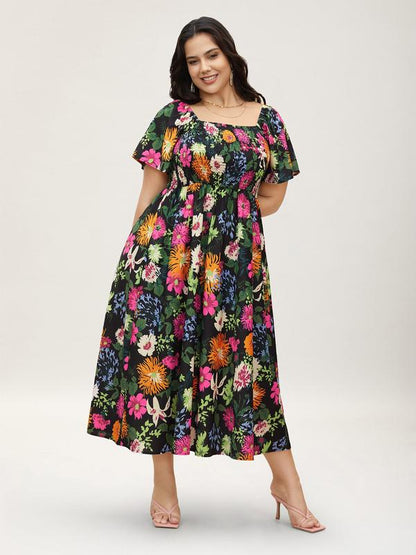 ⏰Promoção de Verão: 41% de desconto💃Vestido midi com decote quadrado, smock floral e bolso
