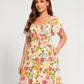 ⏰Promoção de Verão: 41% de desconto💃Vestido midi com decote quadrado, smock floral e bolso