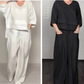💎 Conjunto de 2 peças em algodão e linho com bainha assimétrica – top com decote em V + calças de perna larga, respirável e com um estilo descontraído 🍂👚