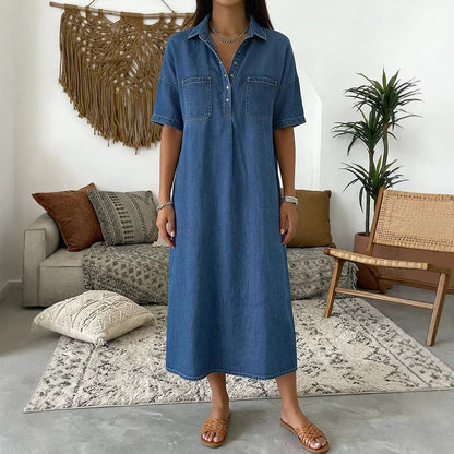 👗 50% DESCONTO AGORA! 👖 Vestido Camisa Casual Midi Jeans com Bolsos – Denim macio e corte largo – Bolsos funcionais, perfeito para o dia a dia casual – confortável e versátil ✨🌸