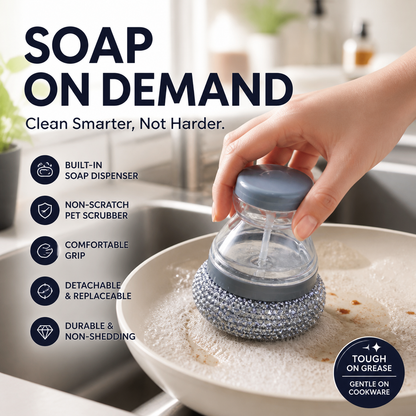 🧼 50% DESCONTO AGORA! Escova para lavar a loiça com doseador de sabão – Escova ergonómica que não risca, com reservatório de sabão integrado e cabeça de limpeza amovível e substituível; ideal para panelas, frigideiras e utensílios de cozinha.