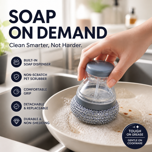 🧼 50% DESCONTO AGORA! Escova para lavar a loiça com doseador de sabão – Escova ergonómica que não risca, com reservatório de sabão integrado e cabeça de limpeza amovível e substituível; ideal para panelas, frigideiras e utensílios de cozinha.