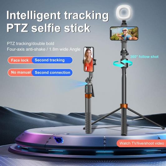 📸50% de desconto agora! Bastão de Selfie PTZ Inteligente de 180 cm com Seguimento Facial – Tripé para Telemóvel com Seguimento Automático 360°, Luz de Preenchimento e Estabilização de 4 Eixos para Transmissões em Direto e Gravação de Vídeos