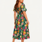 ⏰Promoção de Verão: 41% de desconto💃Vestido midi com decote quadrado, smock floral e bolso