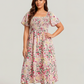 ⏰Promoção de Verão: 41% de desconto💃Vestido midi com decote quadrado, smock floral e bolso