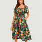⏰Promoção de Verão: 41% de desconto💃Vestido midi com decote quadrado, smock floral e bolso