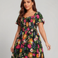 ⏰Promoção de Verão: 41% de desconto💃Vestido midi com decote quadrado, smock floral e bolso