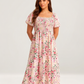 ⏰Promoção de Verão: 41% de desconto💃Vestido midi com decote quadrado, smock floral e bolso