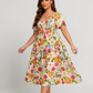 ⏰Promoção de Verão: 41% de desconto💃Vestido midi com decote quadrado, smock floral e bolso