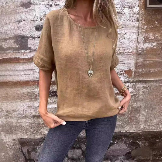 Blusa feminina de algodão e linho, de cor lisa, com gola redonda e mangas curtas