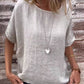 Blusa feminina de algodão e linho, de cor lisa, com gola redonda e mangas curtas