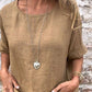 Blusa feminina de algodão e linho, de cor lisa, com gola redonda e mangas curtas
