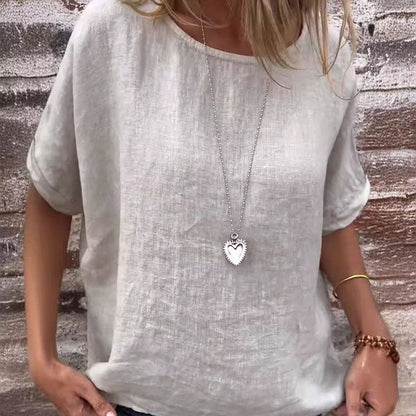 Blusa feminina de algodão e linho, de cor lisa, com gola redonda e mangas curtas