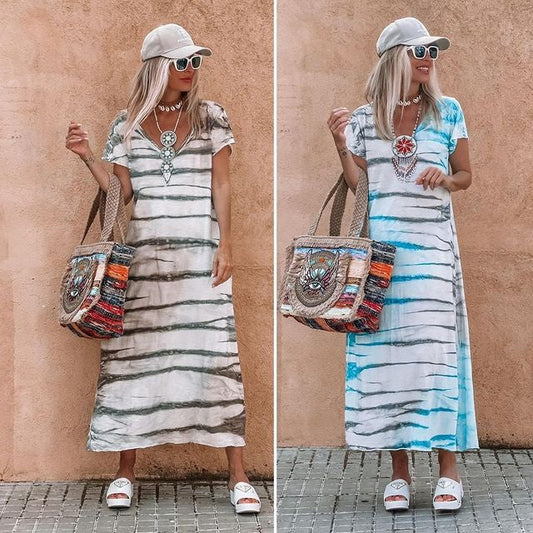 🍃 Vestido comprido largo | Vestido maxi de verão respirável com decote em V