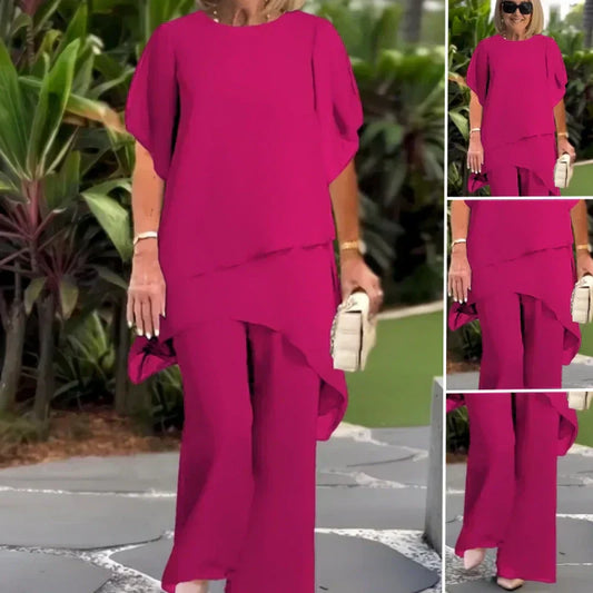 💎 60% DE DESCONTO! 💎 Conjunto encantador composto por top assimétrico e calças largas – bainha assimétrica, dupla camada esvoaçante e elegância para todo o dia 👗✨