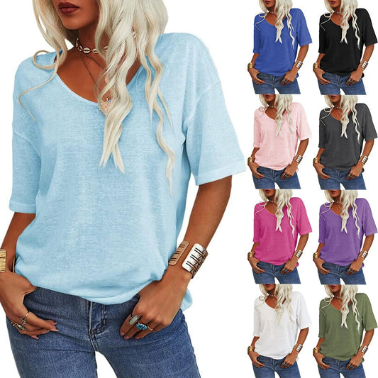 🔥Unifarbenes Damen-T-Shirt mit V-Ausschnitt