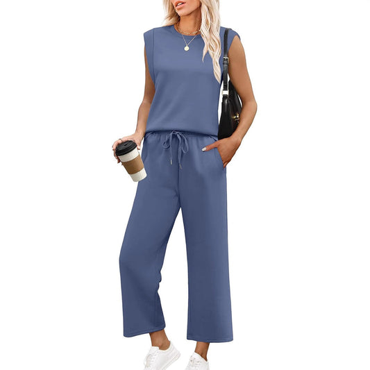 💕50% OFF🌺2025 Neue Frauen Casual Cap Sleeve Top Wide Leg Crop Pants Zweiteilige Set