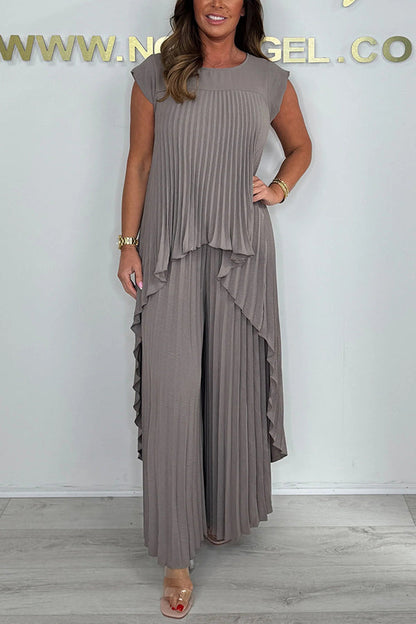 ✨60% Rabatt🌸Laney Set aus plissiertem, kurzärmligem, unregelmäßigem Midi-Top und Hose mit weitem Bein und elastischer Taille