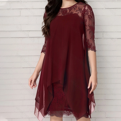👑Vestido elegante para mulher com bainha assimétrica e sobreposição de renda🌺