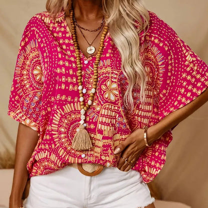 💃 Último dia de promoção! 50% desconto 💐 Blusa de mulher estilo férias, larga, com decote em V, estampada e mangas dolmã
