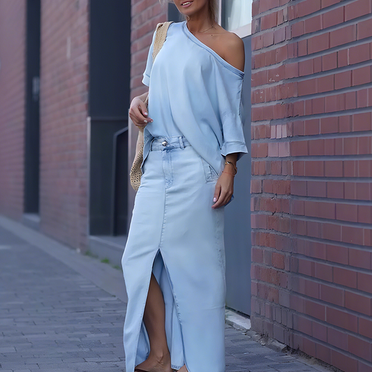⏳Begrenzte Zeit 50% Rabatt⏰💃Damen diagonales Schultertop mit gespaltenem Denim-Maxirock