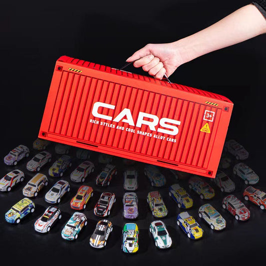 Conjunto com 48 miniaturas de carros de fricção e garagem integrada.