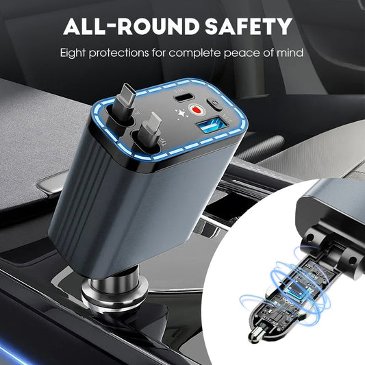 ⏳Oferta especial por tempo limitado⏰Carregador ultra-rápido 4 em 1 para automóvel 90 W – Com cabos retráteis e luz ambiente Starlight