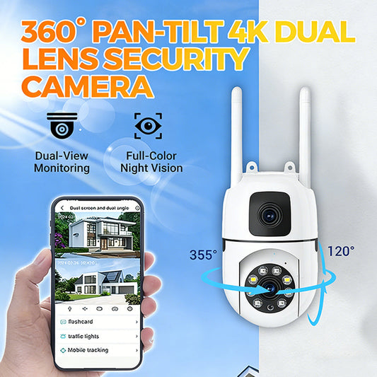 🔍🔍Câmara de segurança com lente dupla 4K e rotação panorâmica e inclinação de 360° – Câmara de vigilância Wi-Fi para exterior