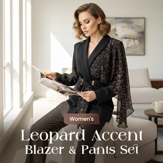 Conjunto de blazer e calças com detalhes em leopardo para mulher 【ENVIO GRÁTIS】