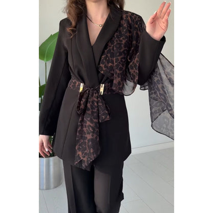 Conjunto de blazer e calças com detalhes em leopardo para mulher 【ENVIO GRÁTIS】