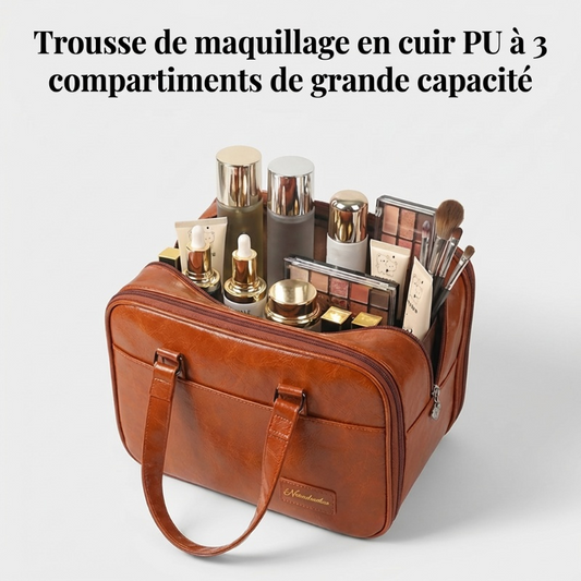 Estojo de maquilhagem em couro PU com 3 compartimentos de grande capacidade