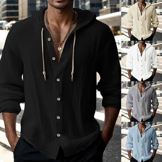 💎 50% DE DESCONTO EM MOLETONS COM CAPUZ PARA HOMEM! 💎 Camisola casual de manga comprida em cor sólida – fecho de botões à frente, capuz com cordão e tecido misto respirável