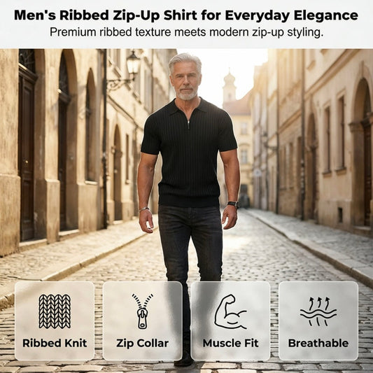 Camisa de malha canelada com fecho e manga curta para homem