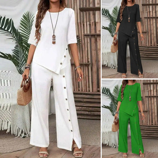 🥰 Conjunto de duas peças para mulher: top com bainha assimétrica e calças de perna larga