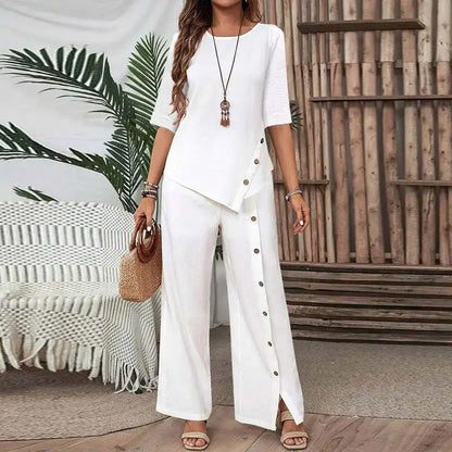 🥰 Conjunto de duas peças para mulher: top com bainha assimétrica e calças de perna larga