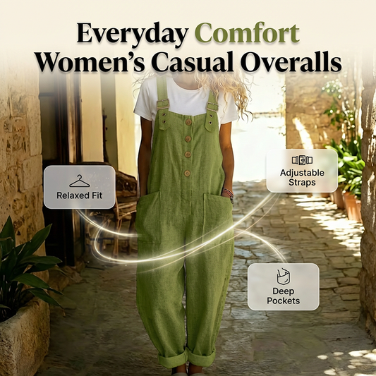 👖 50% DE DESCONTO AGORA! 🌿 Macacão casual feminino com botões à frente – alças ajustáveis, tecido respirável e corte descontraído ✨